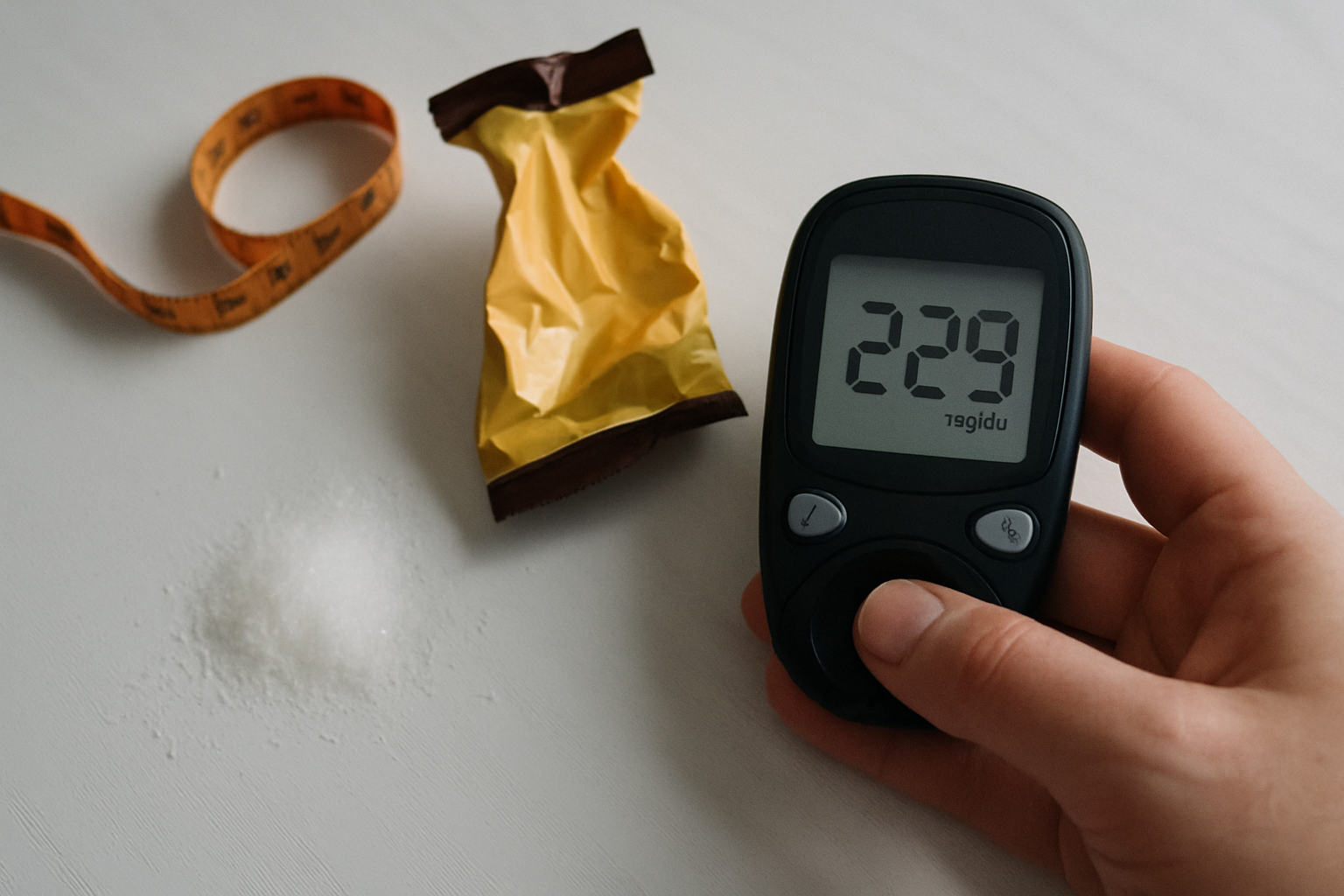 Blutzuckermessgerät mit hohem Wert neben Süßigkeitenverpackung, veranschaulicht Gesundheitsrisiken hochverarbeiteter Lebensmittel