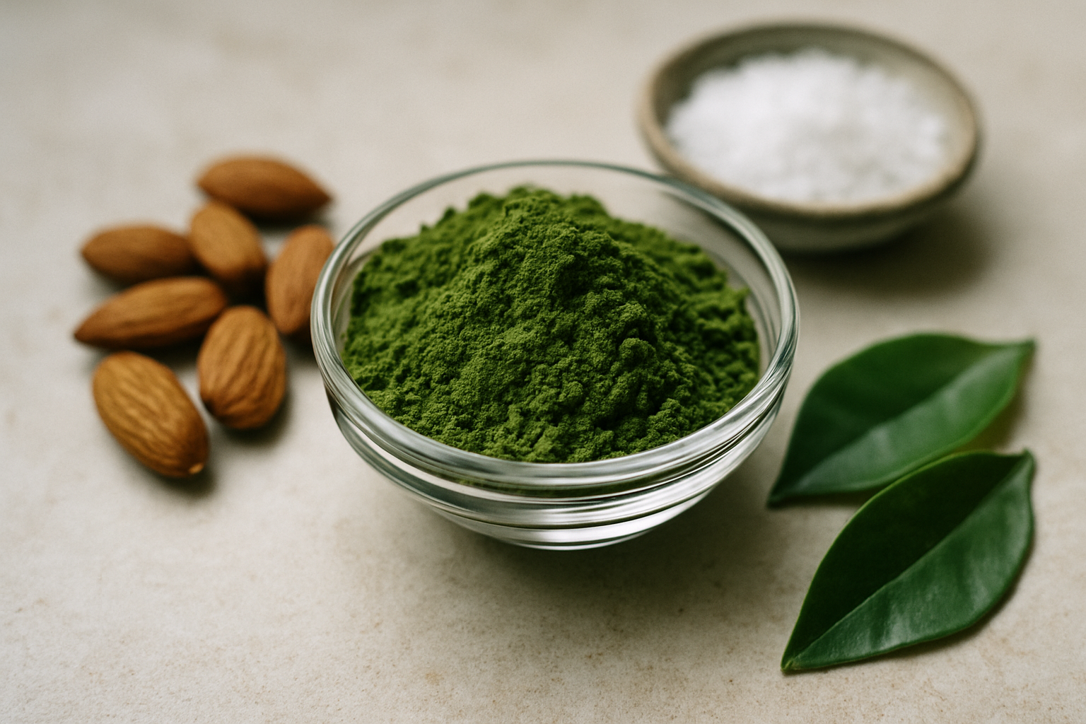Nahaufnahme von Matcha-Pulver, umgeben von Nahrungsmitteln, die die Nährstoffe in Matcha symbolisieren