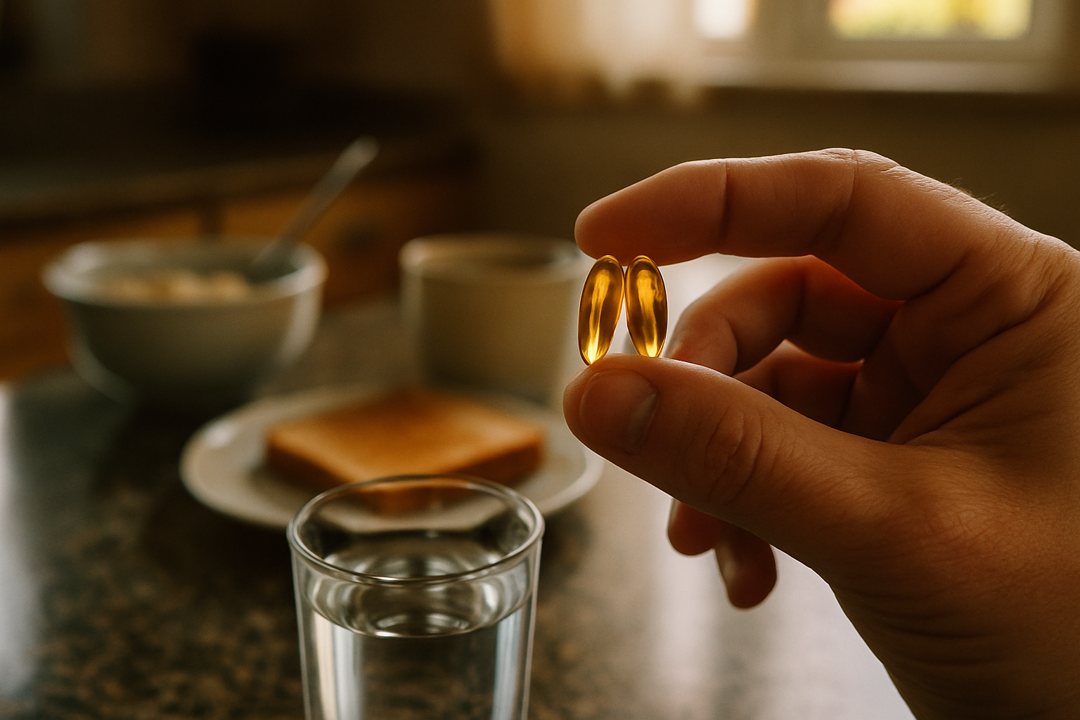 Die empfohlene taegliche Menge Omega 3 mit einem Glas Wasser zum Fruehstueck einnehmen