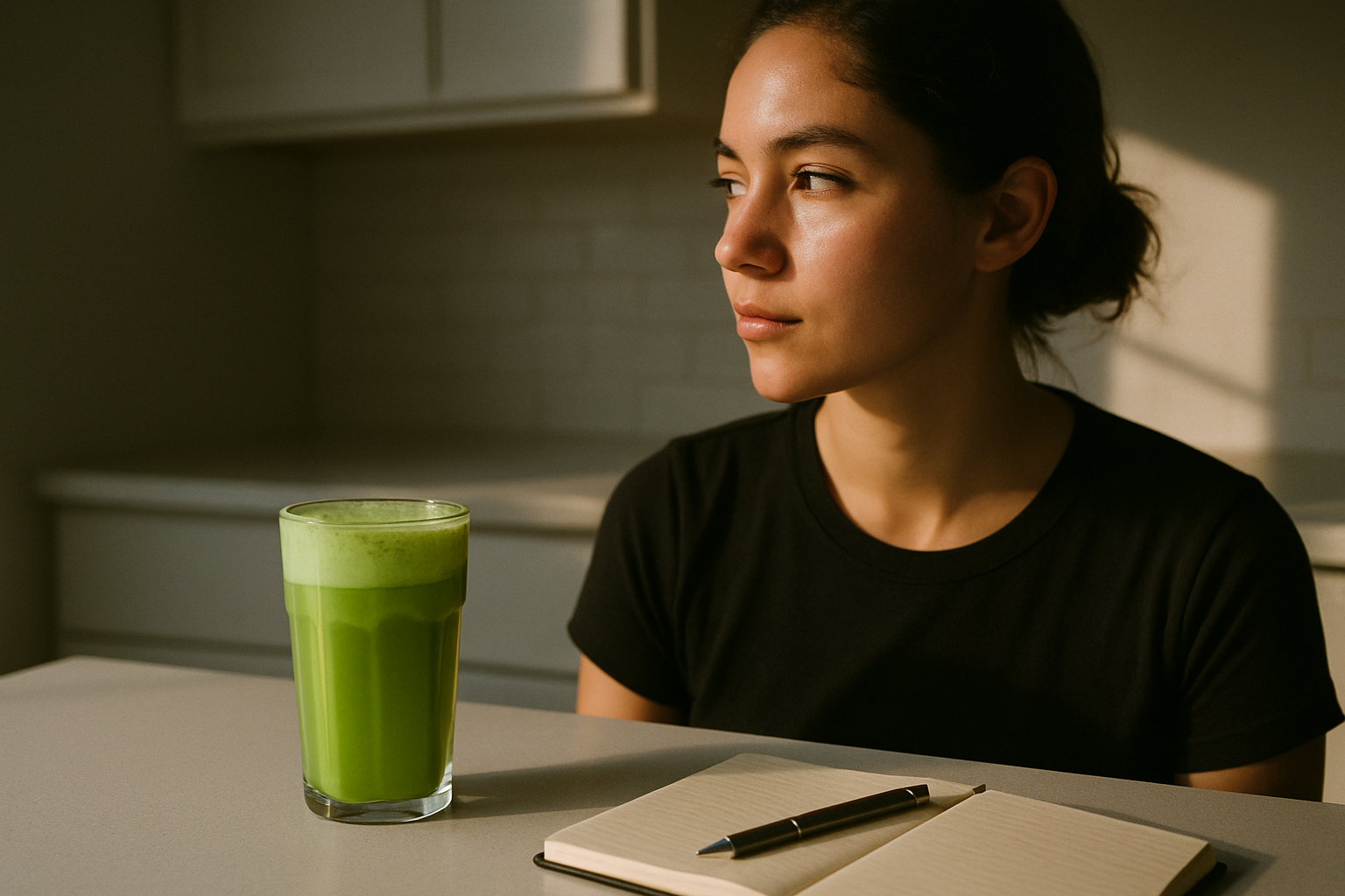 Glas schaumiger grüner Matcha Latte auf einer Arbeitsplatte im Morgenlicht, Symbol für die Vorteile von Matcha