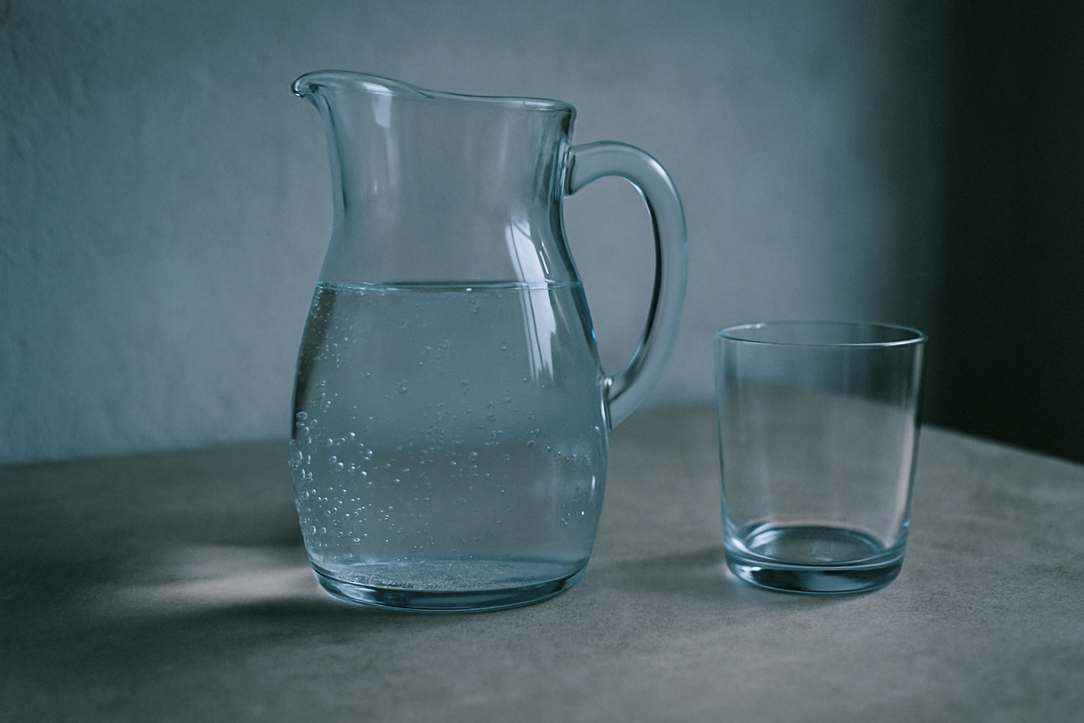 Glaskaraffe mit klarem Wasser auf Steinarbeitsplatte als Symbol für eine Wasserfasten-Kur
