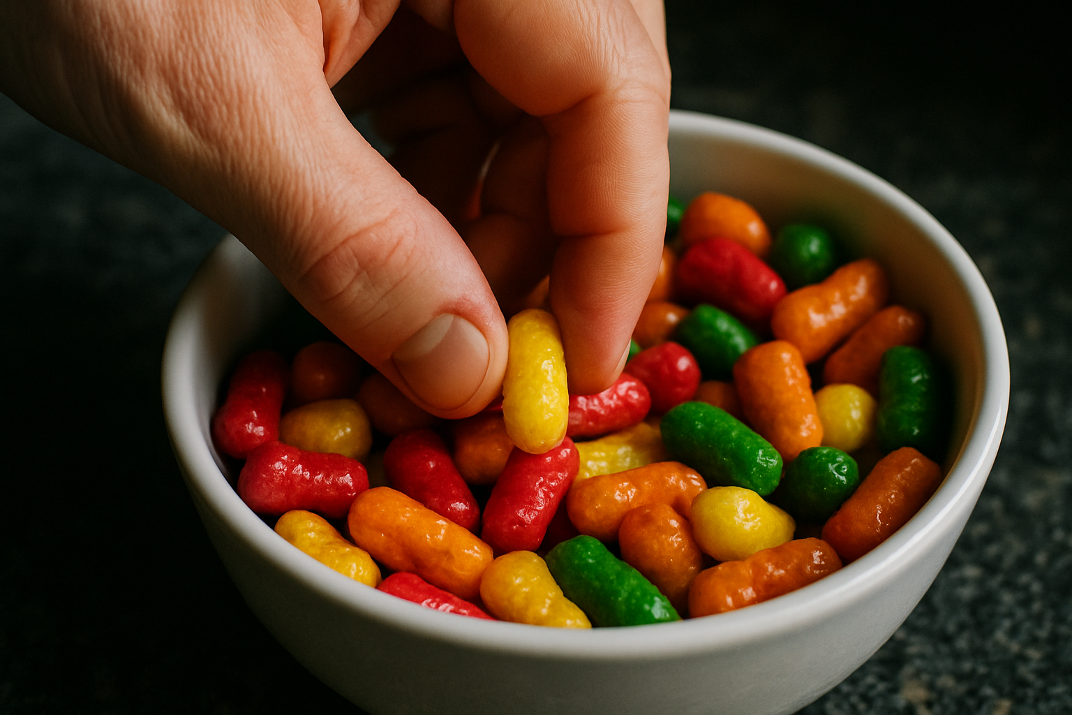 Hand, die hochverarbeiteten Snack aus einer Schale nimmt, Symbol für Essdrang und Manipulation