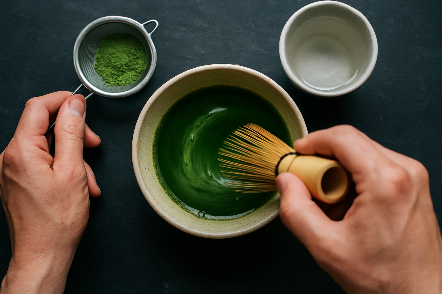 Hände, die Matcha mit einem Bambusbesen in einer Keramikschale zubereiten, von oben gesehen