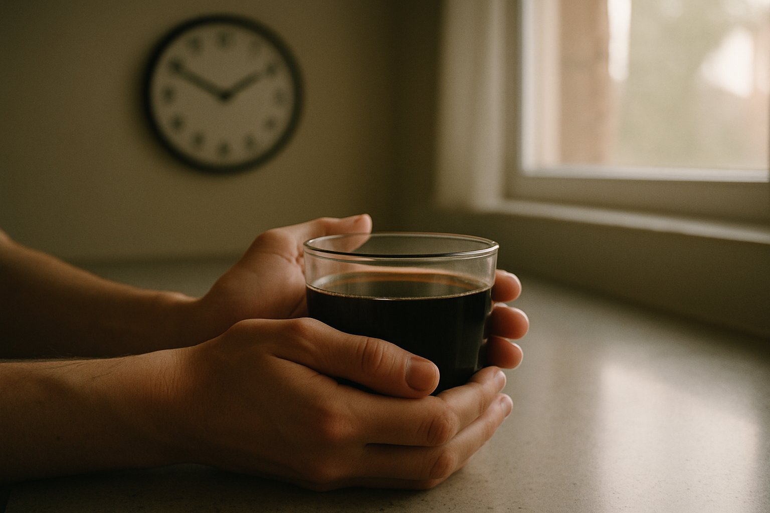 Hände mit einer Tasse schwarzem Kaffee während des Intermittent Fasting am Morgen