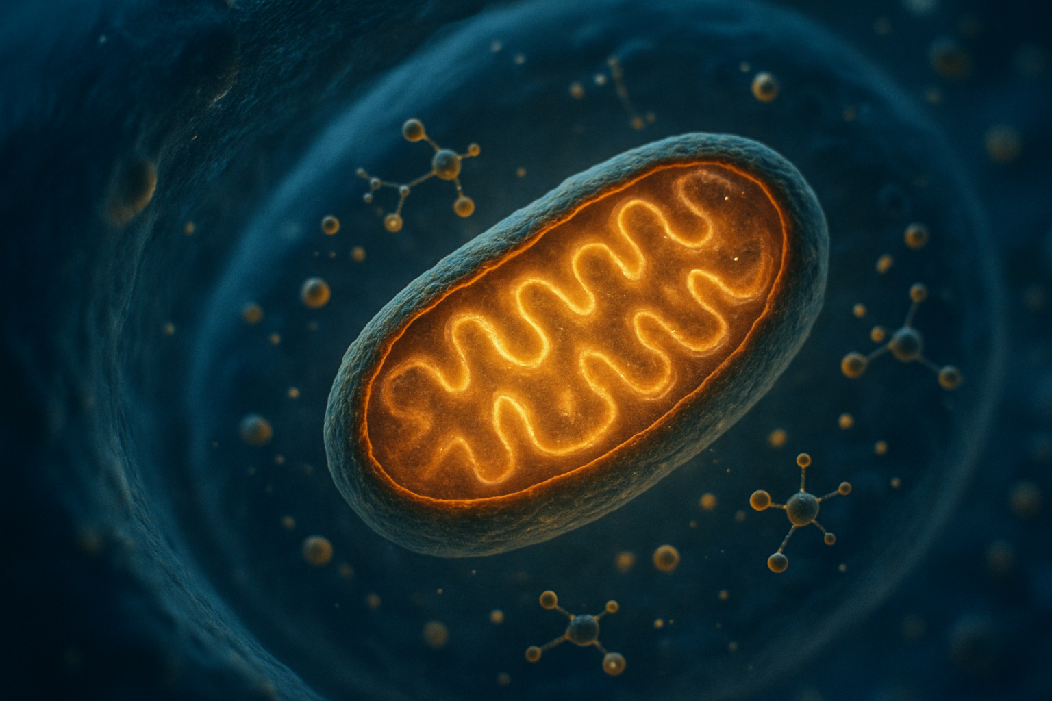 Illustration von Mitochondrien und NAD+ Molekuelen in einer Zelle, relevant fuer die Wirkung des NMN Resveratrol Stacks