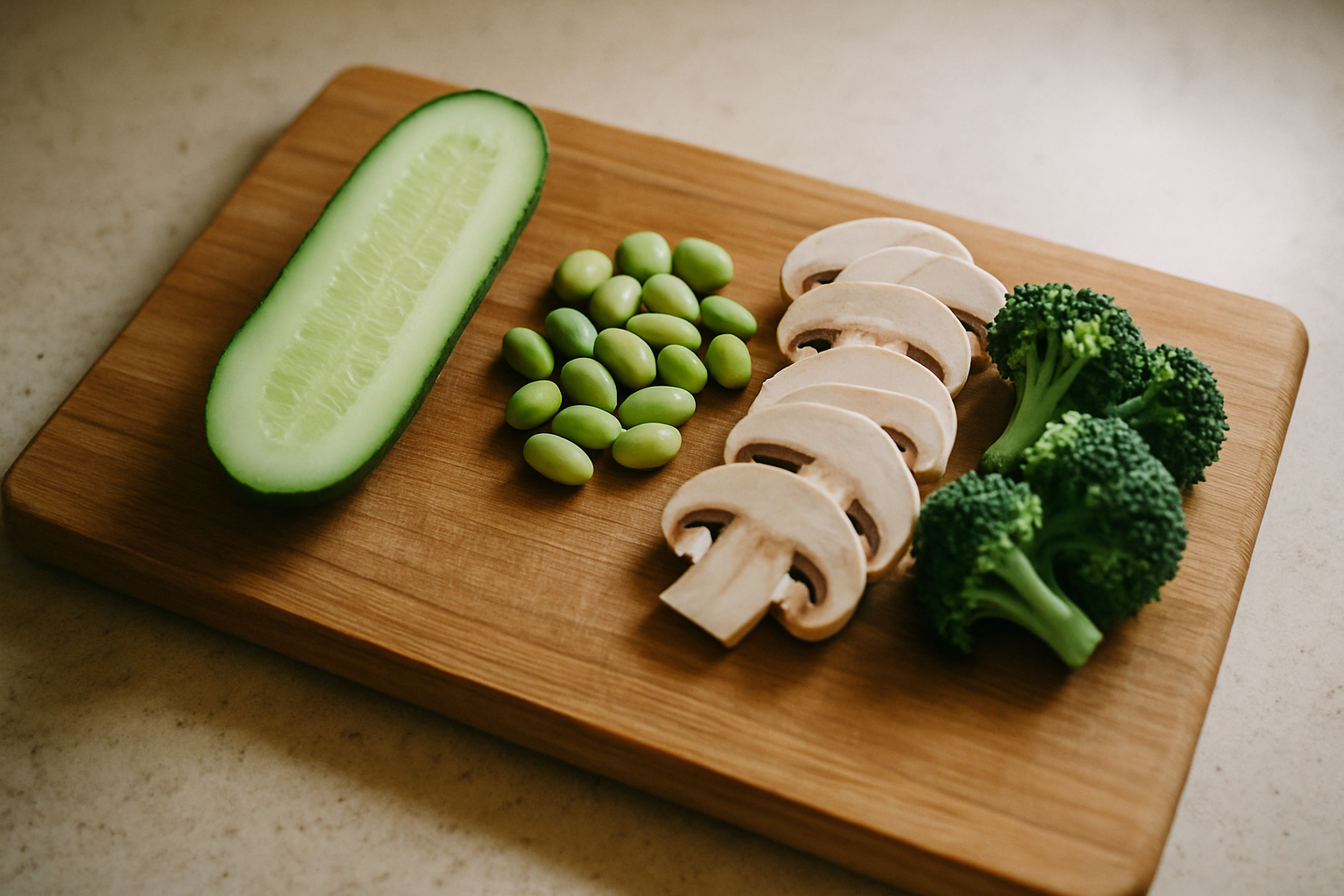 NMN in Lebensmitteln wie Gurke, Edamame, Pilzen und Brokkoli auf einem Holzbrett
