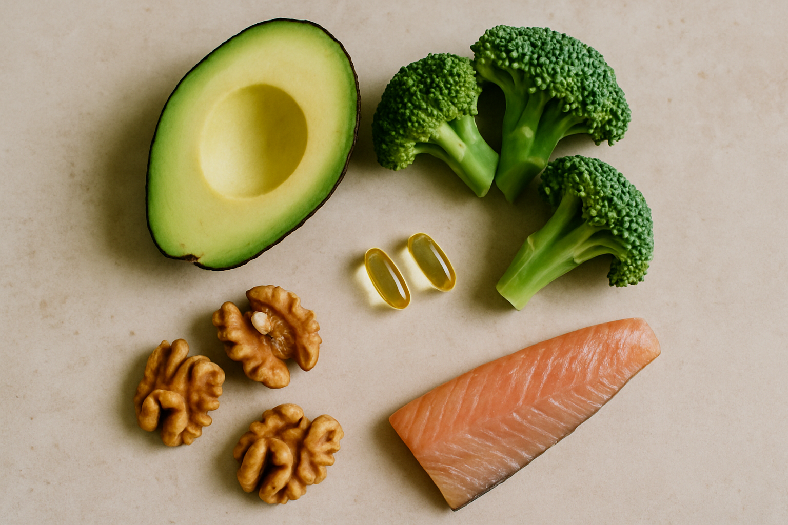 NMN Pulver mit Lebensmitteln wie Avocado, Nüssen und Brokkoli für optimale Wirkung kombinieren