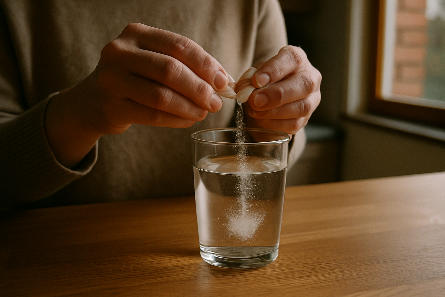 NMN Pulver aus einer Kapsel in einem Glas Wasser auf einer Holzarbeitsplatte auflösen
