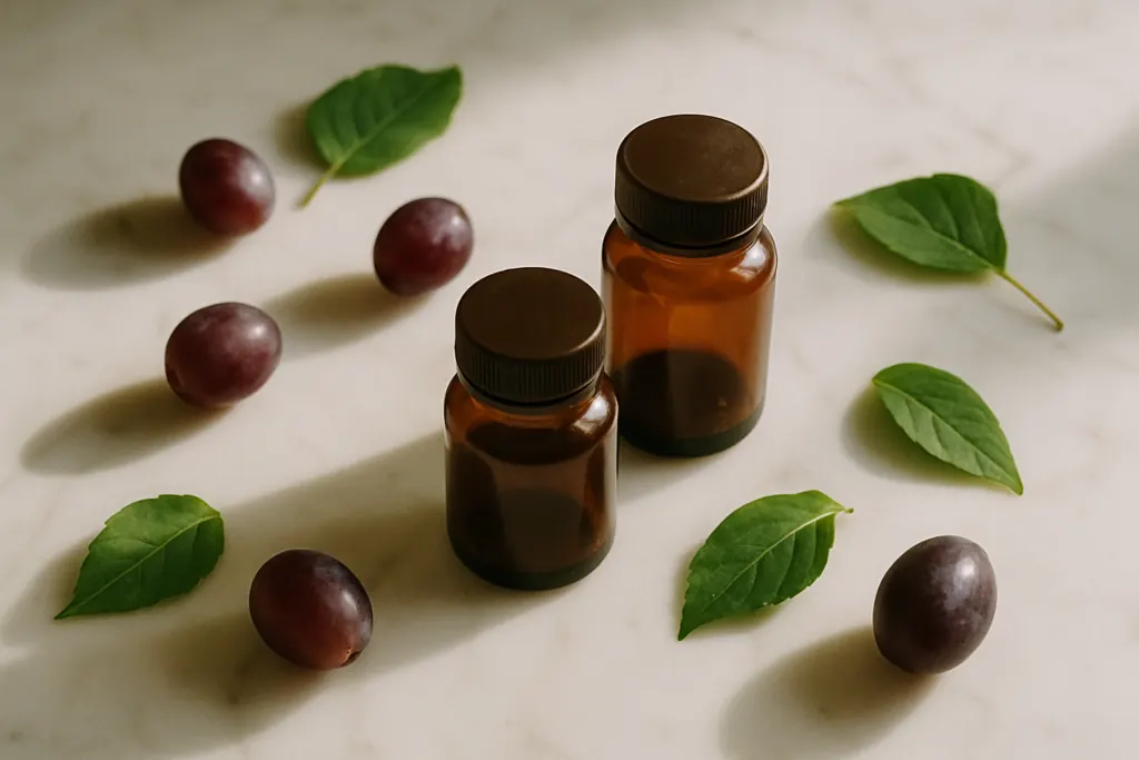 NMN und Resveratrol Nahrungsergänzungsmittel Stack auf Marmoruntergrund mit Trauben und grünen Blättern