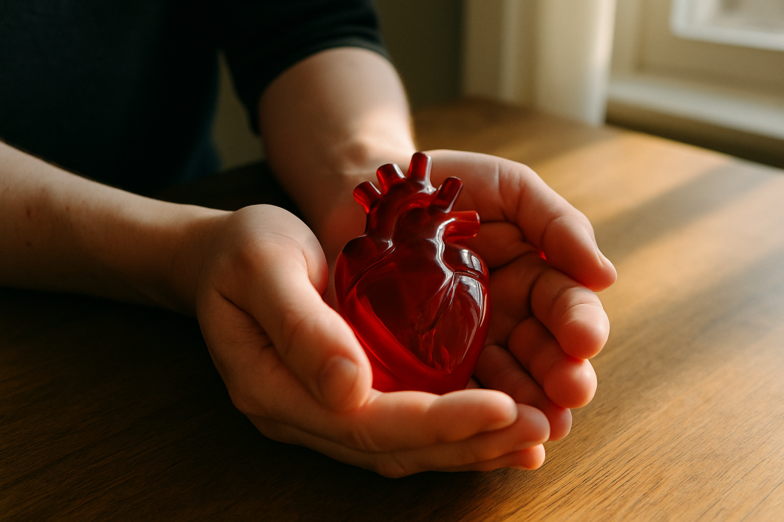 Omega 3 unterstützt die Herzgesundheit, symbolisiert durch ein glaesernes Herz in zwei Haenden