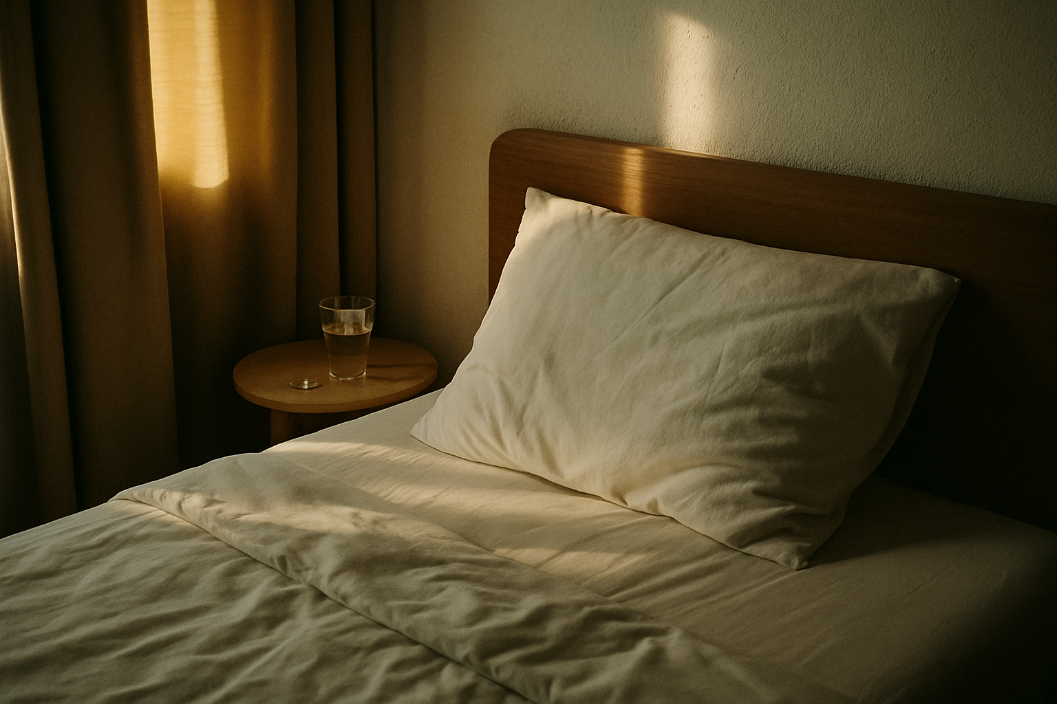 Gemachtes Bett im Morgenlicht mit einem Glas Wasser und Nahrungsergänzungsmitteln auf dem Nachttisch, Symbol für besseren Schlaf