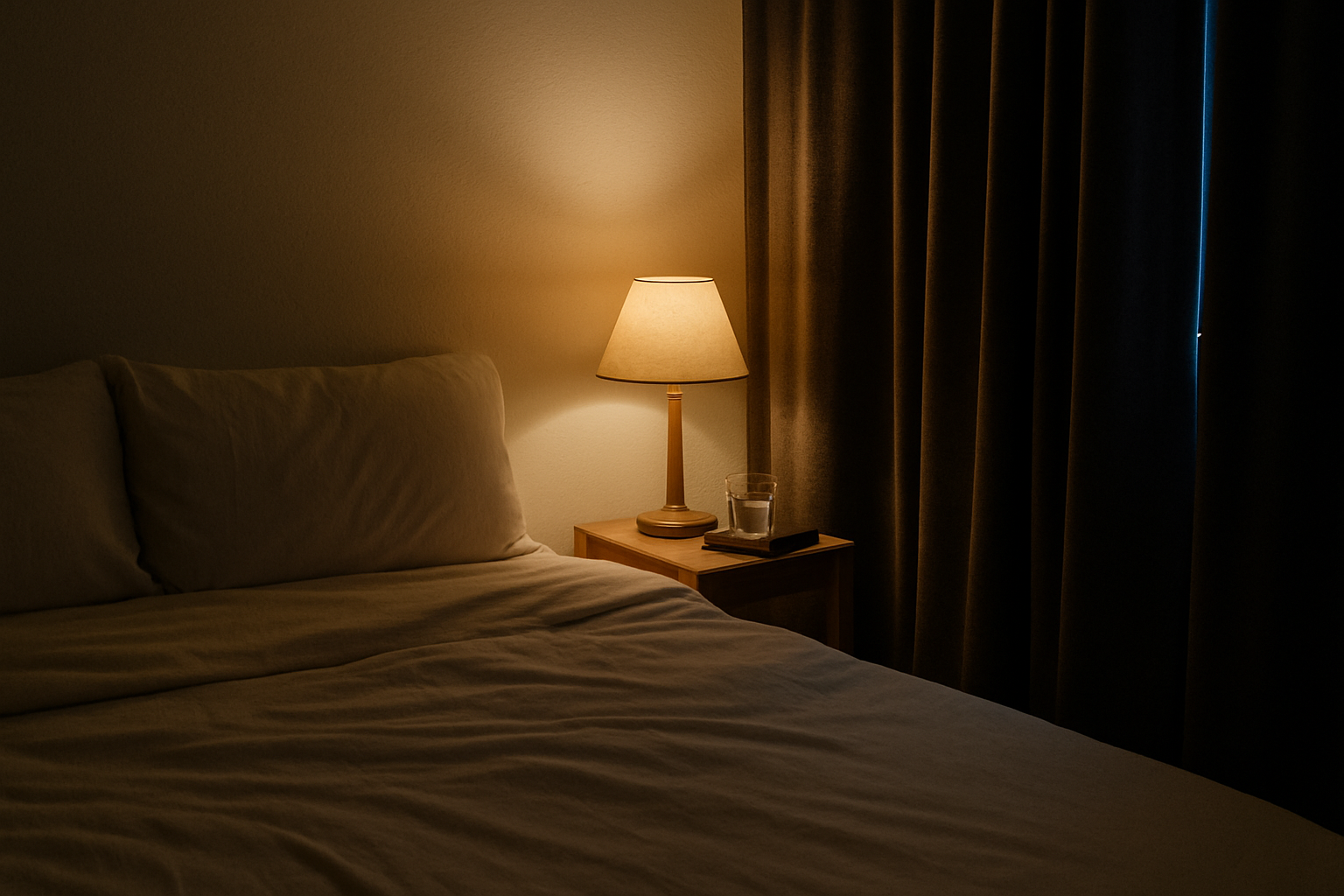 Ruhiges Schlafzimmer mit weißer Bettwäsche und Nachttischlampe für optimalen Schlaf und NAD+-Regeneration