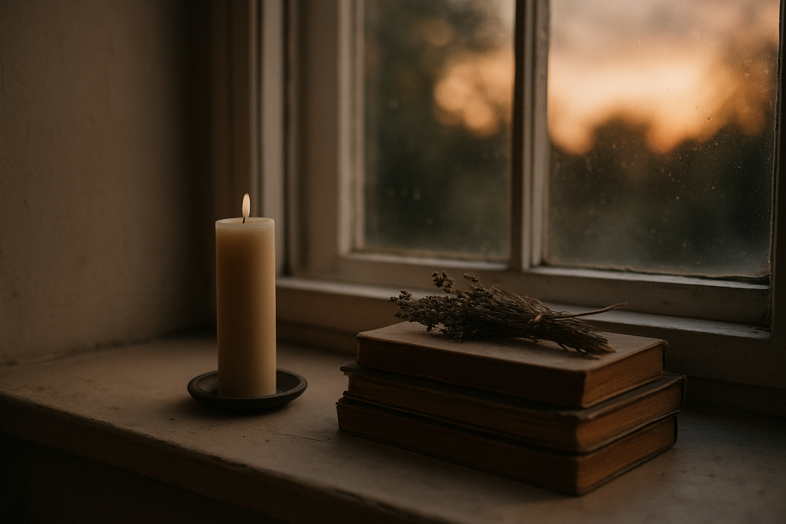 Stille Fensterbank mit Kerze und Büchern als Symbol für religiöses Fasten und Besinnung