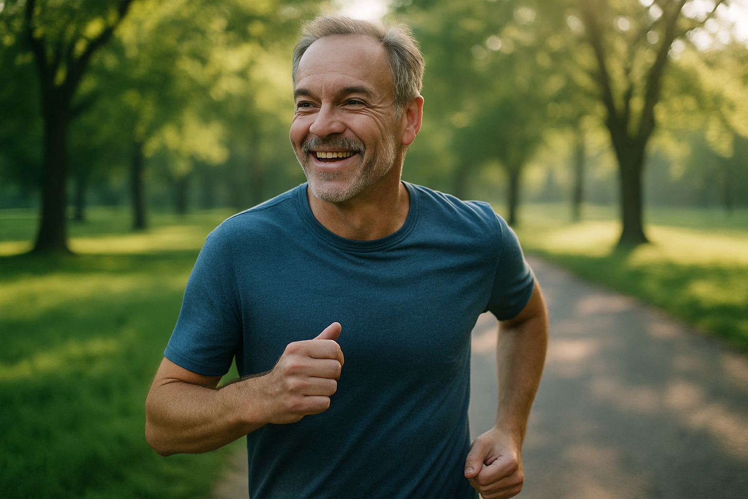 Vitale Person mittleren Alters im Freien, Symbol für Longevity und Zellgesundheit mit Spermidin