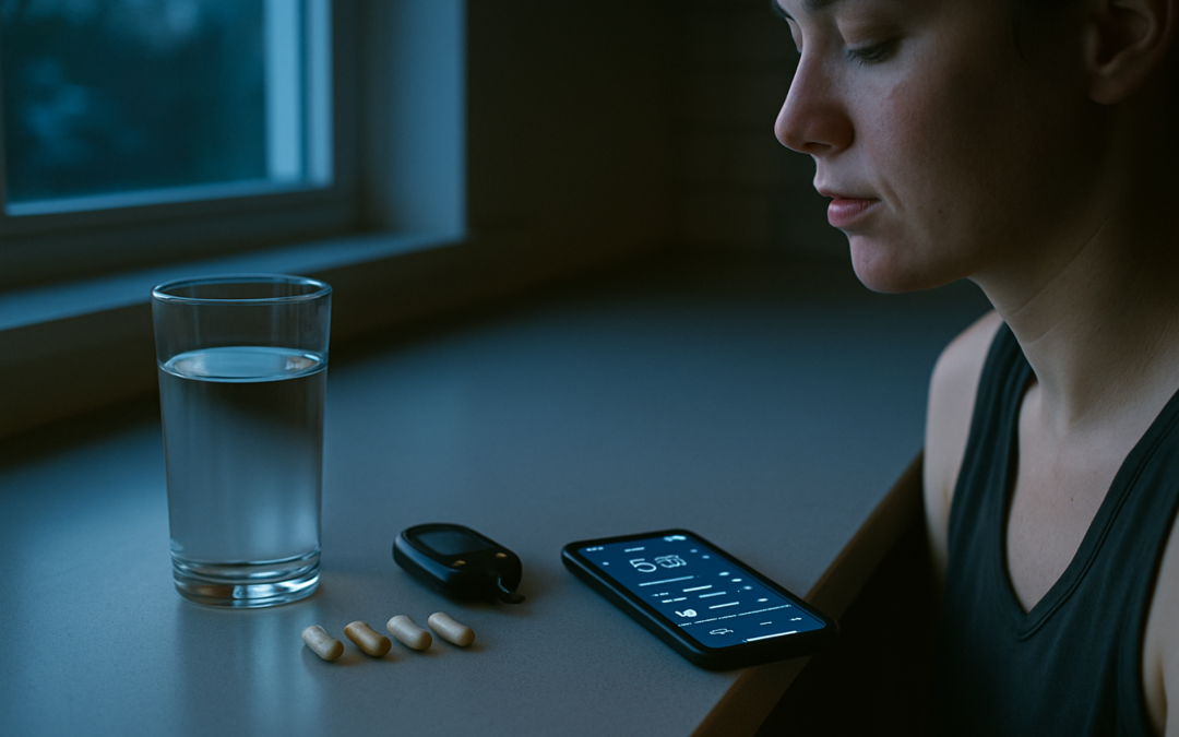 Frühe Morgenroutine mit Nahrungsergänzungsmitteln, Wasser und Gesundheitsmessungen auf einer Küchenplatte bei Sonnenaufgang