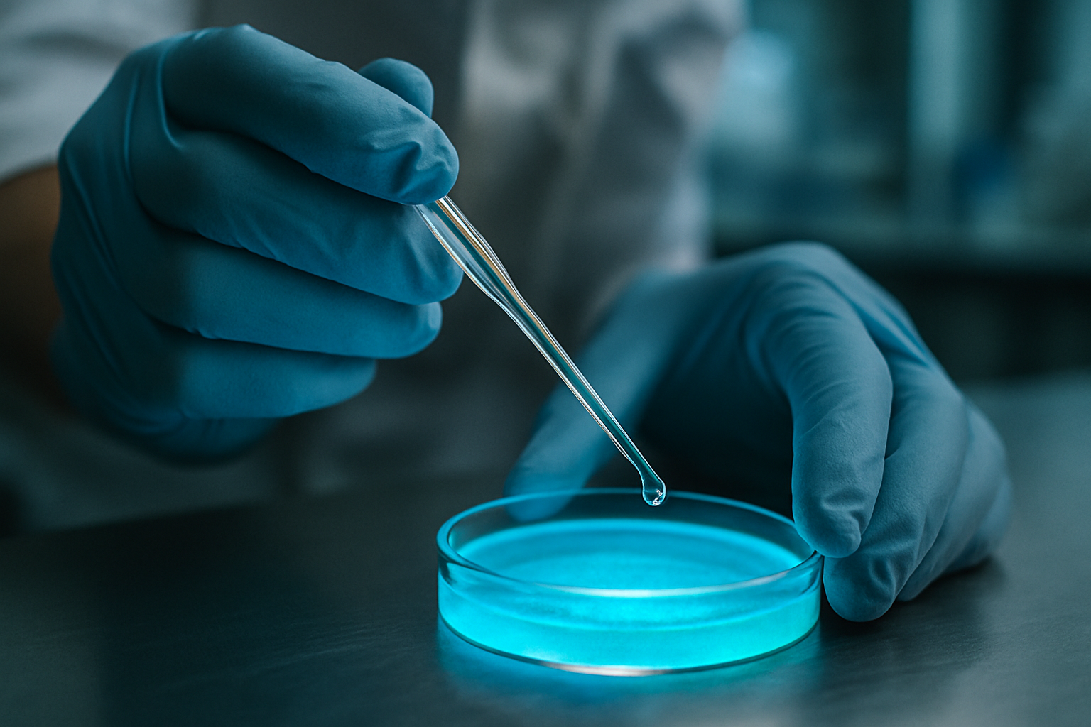 Wissenschaftler mit Pipette über leuchtender Petrischale als Illustration, wie NAD+ in Zellen wirkt