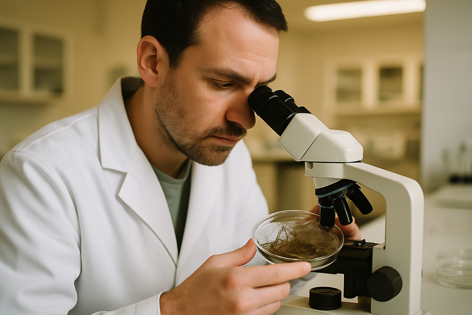 Wissenschaftler untersucht Haarproben im Labor für eine klinische Spermidin-Studie