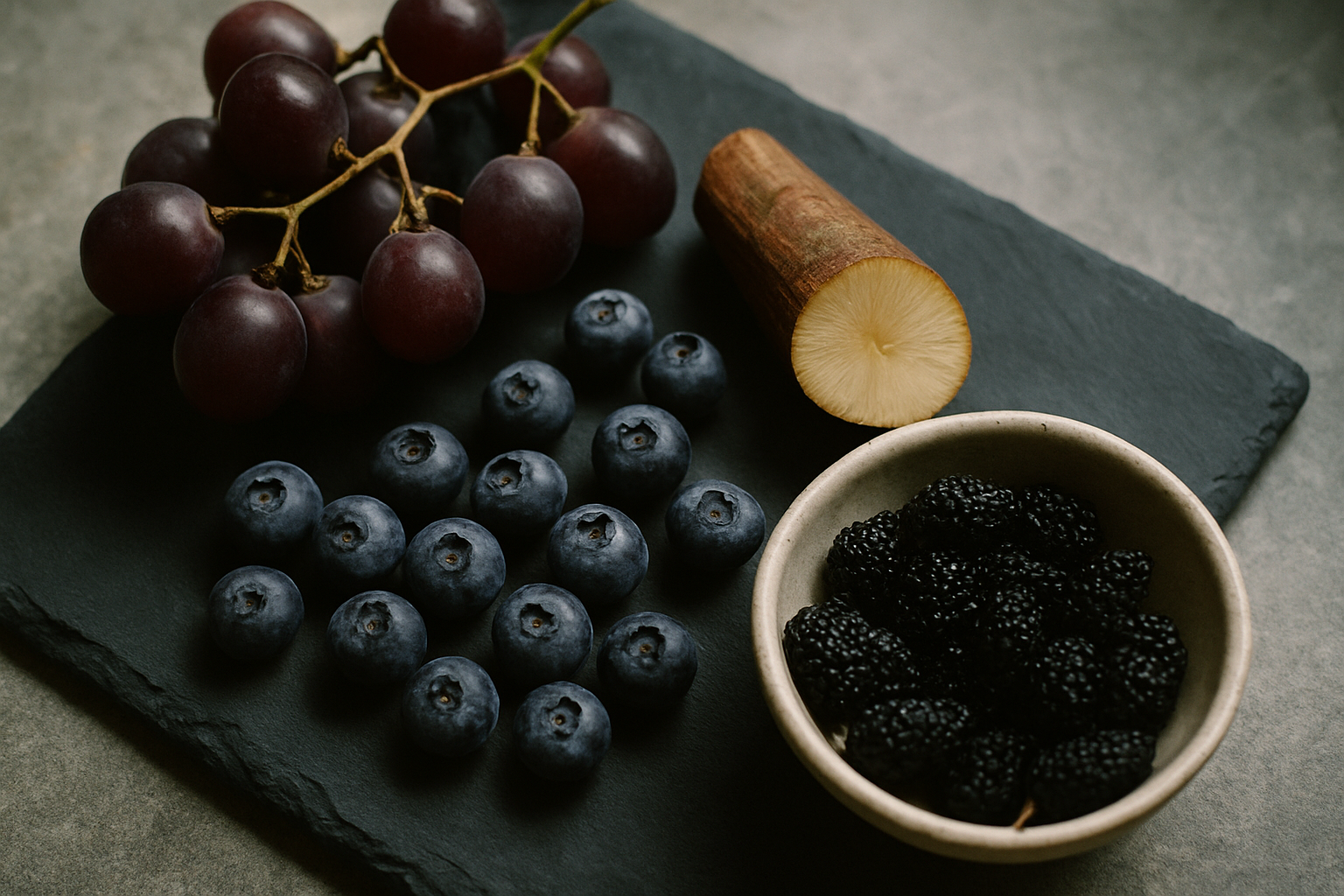 Verschiedene Nahrungsquellen, in denen Resveratrol enthalten ist, darunter Trauben, Heidelbeeren und Maulbeeren