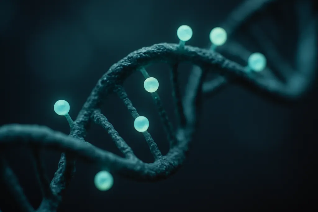 DNA-Strang mit Methylgruppen zur Veranschaulichung des Methylierungszyklus als Schlüssel zum gesunden Altern