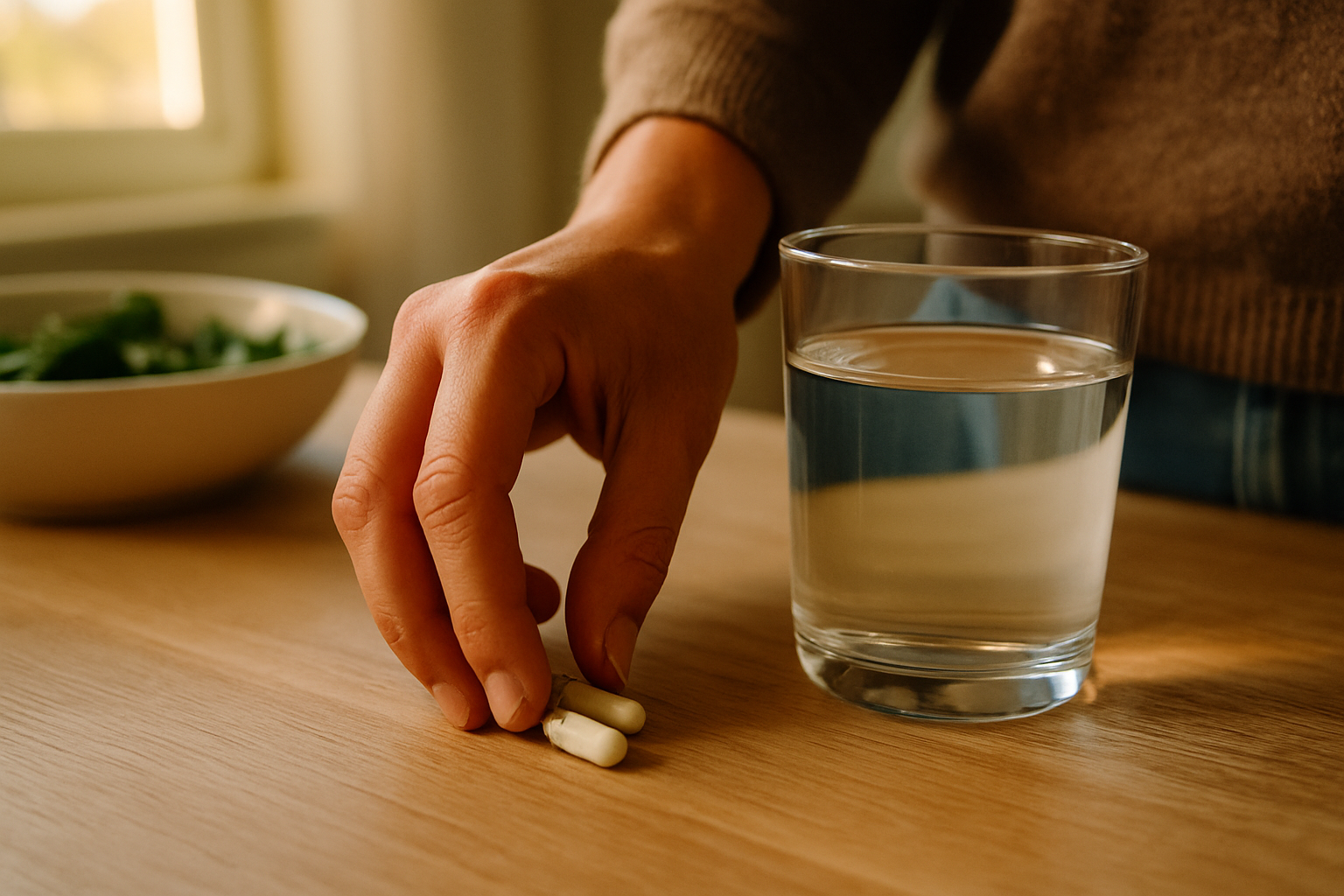 Hand mit Kapseln neben einem Glas Wasser auf dem Küchentisch als Teil der täglichen NMN und Resveratrol Routine