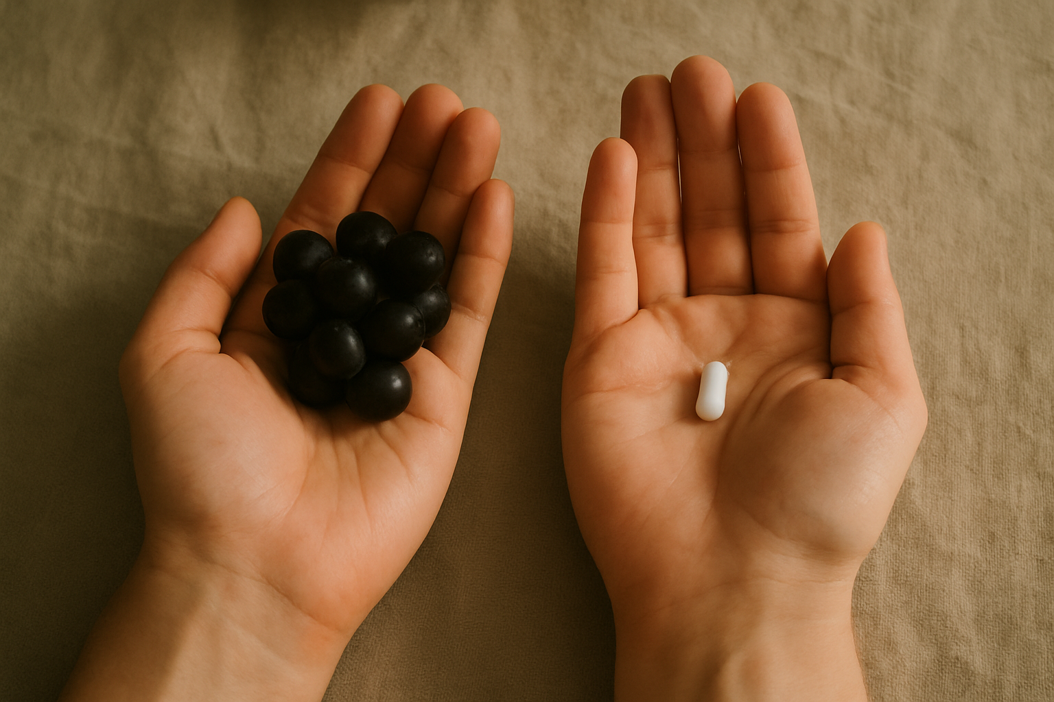 Hände mit Trauben und einer Nahrungsergänzungskapsel nebeneinander, Kontrast zwischen Ernährung und Resveratrol-Nahrungsergänzungsmittel