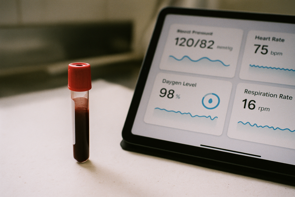 Hormonbalance-Test mit Blutröhrchen und digitaler Gesundheitsübersicht auf dem Tablet