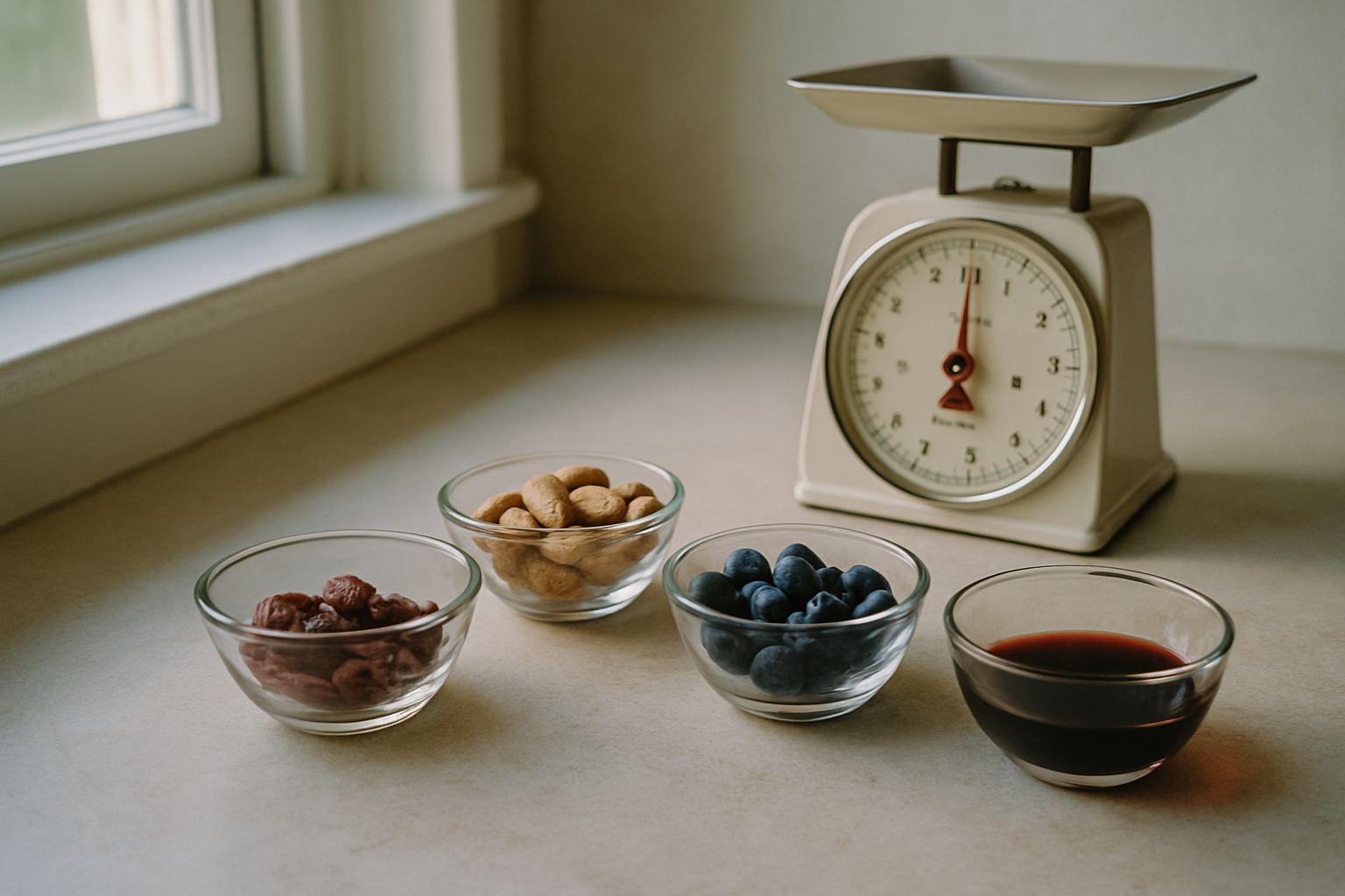 Kleine Portionen Lebensmittel auf einer Küchenwaage, die die Menge Resveratrol pro Nahrungsquelle veranschaulichen