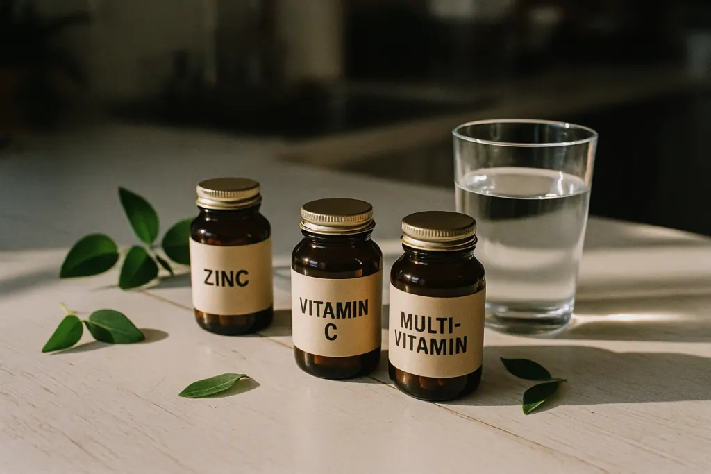 Longevity Stack für Einsteiger mit NMN, Resveratrol und TMG Nahrungsergänzungsmitteln auf weißem Untergrund