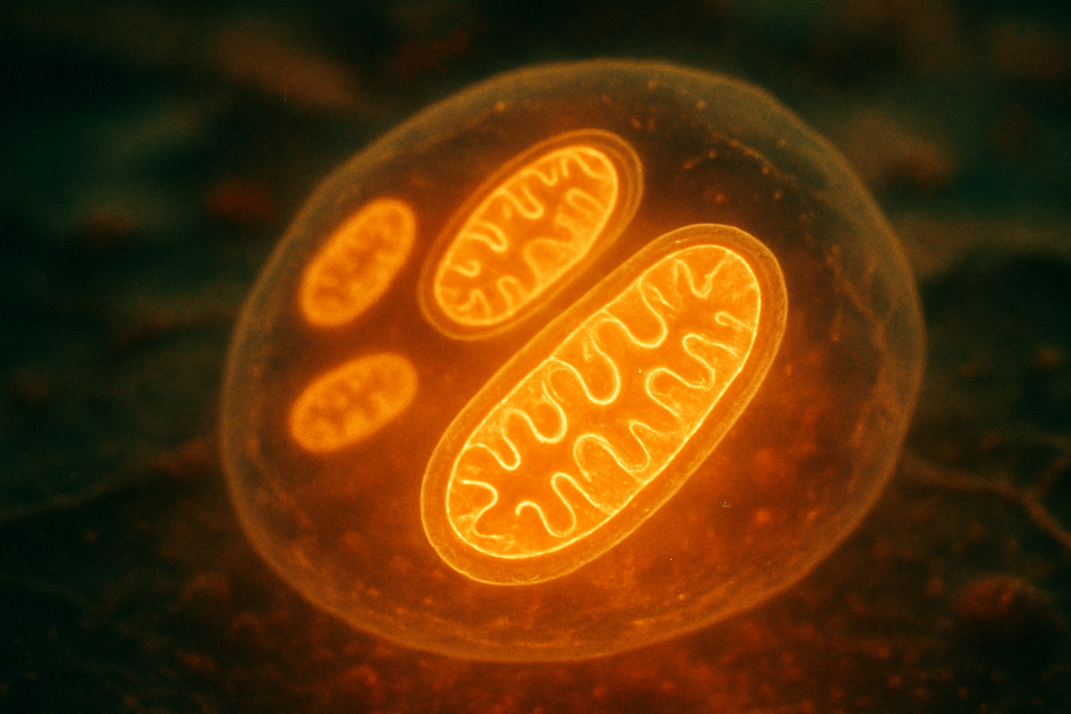 Mitochondrien in einer Zelle, die NAD+ produzieren, relevant für NMN und Longevity-Nahrungsergänzungsmittel