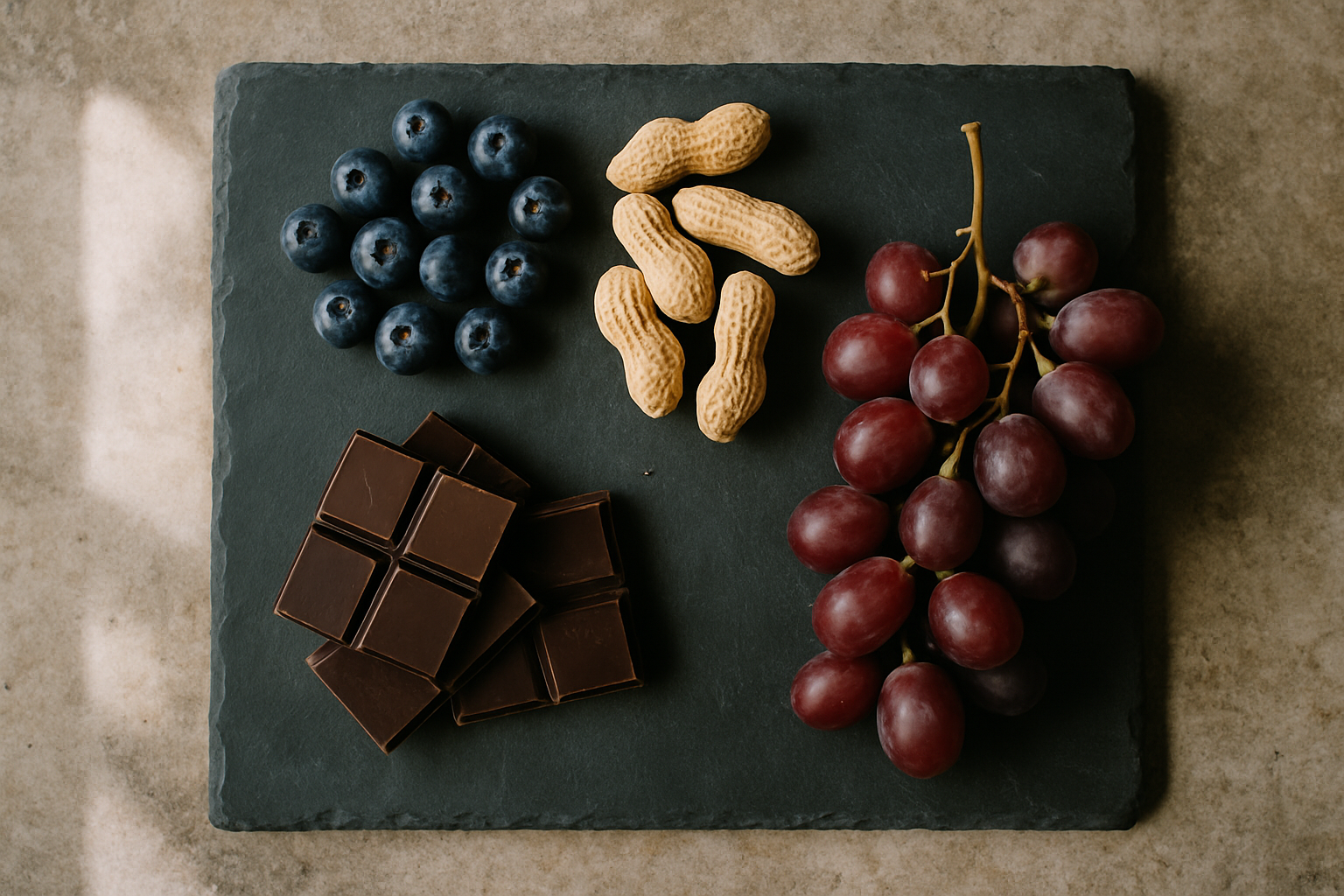 Natuerliche Nahrungsquellen von Resveratrol: Blaubeeren, Erdnuesse, Zartbitterschokolade und rote Trauben