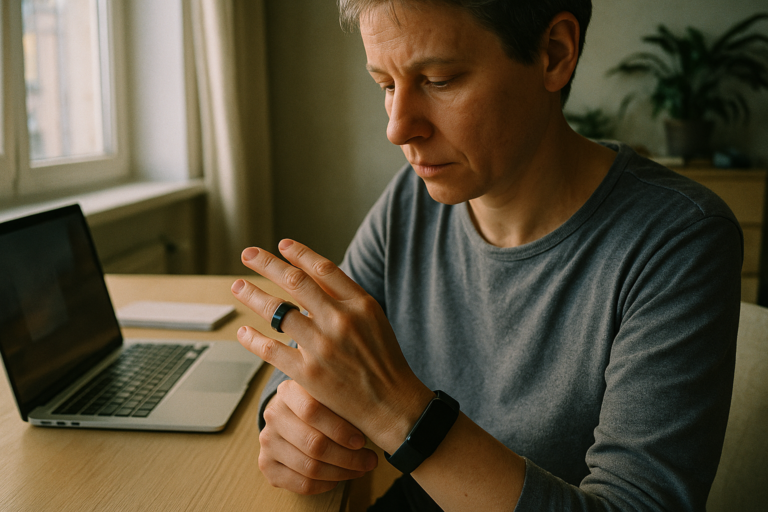 Person betrachtet Gesundheits-Wearables fuer Longevity an Handgelenk und Finger im Morgenlicht