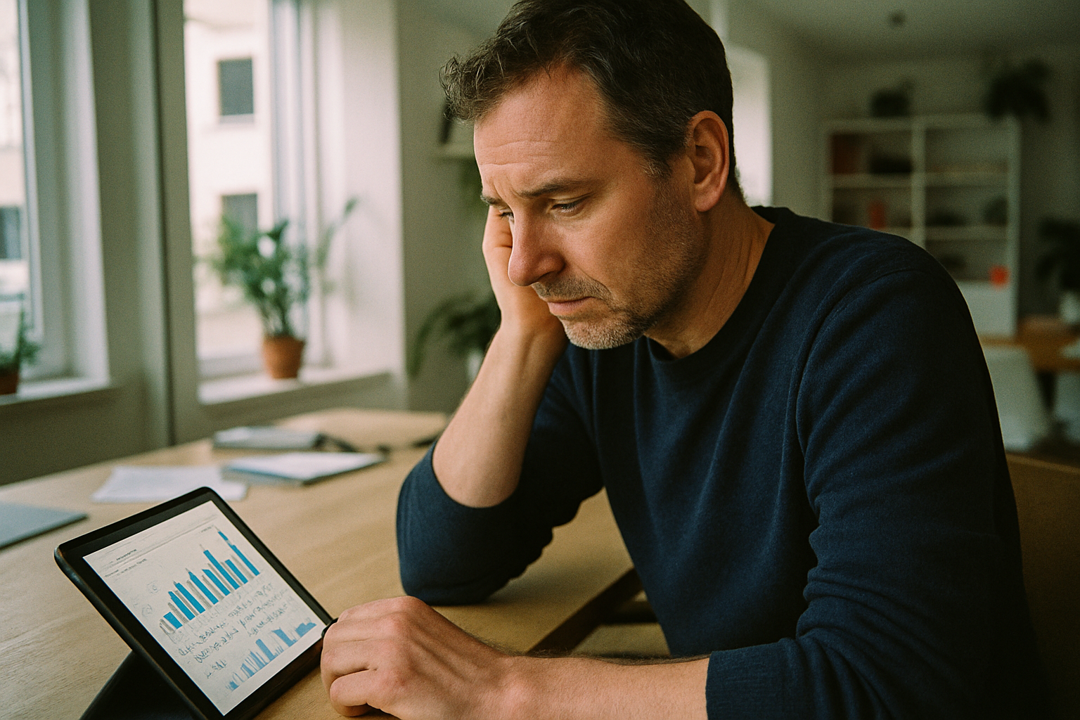 Person betrachtet Biomarker-Testergebnisse auf einem Tablet und überdenkt Anmerkungen zu den Werten