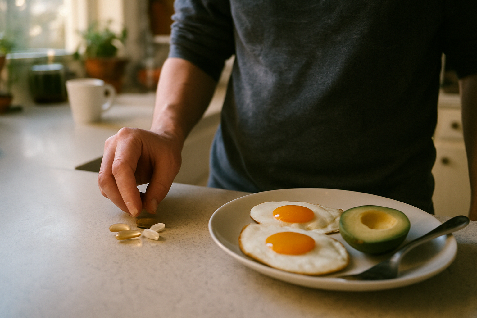 Person nimmt Longevity-Nahrungsergänzungsmittel NMN und Resveratrol zu einer fettreichen Morgenmahlzeit
