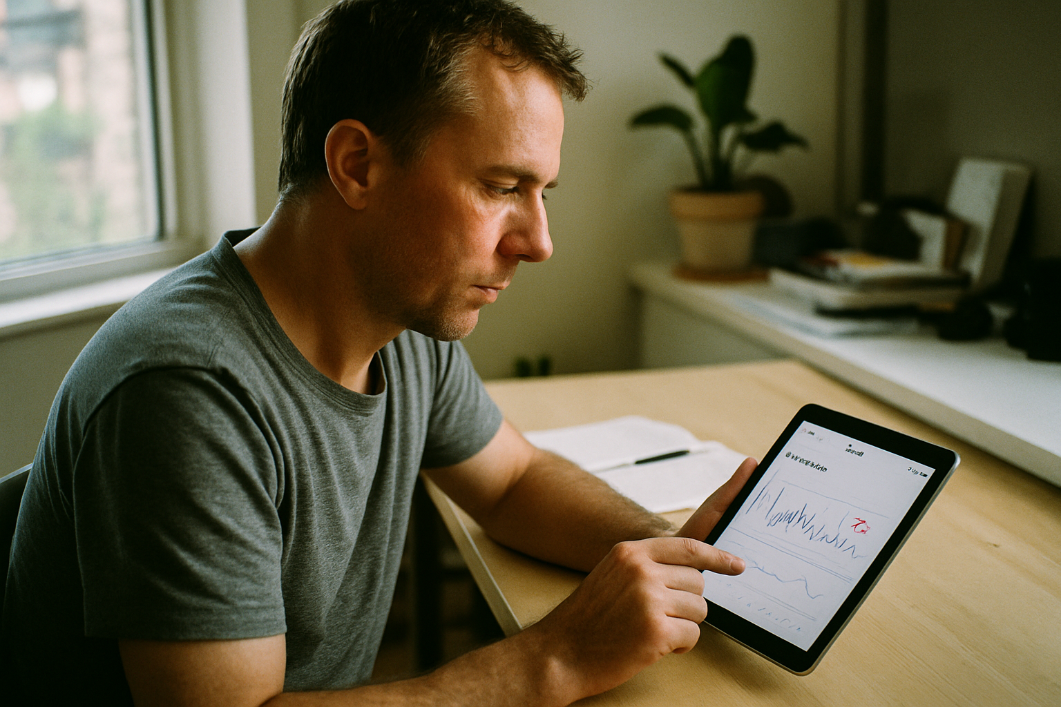 Person mittleren Alters betrachtet NAD+ Testergebnisse auf Tablet als Teil eines Longevity-Protokolls