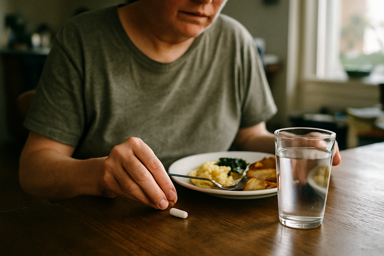 Person mittleren Alters nimmt Spermidin-Kapsel zu einer Mahlzeit mit einem Glas Wasser ein