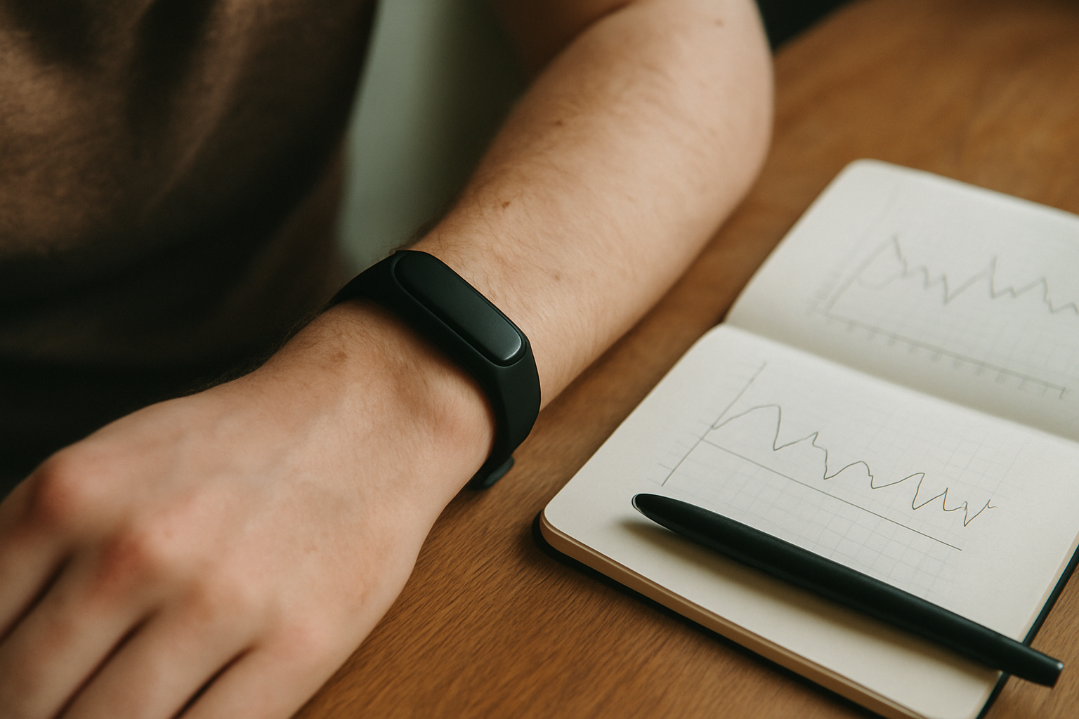 Handgelenk mit Fitness-Tracker neben Notizbuch mit Datenmessungen zur wissenschaftlichen Validierung