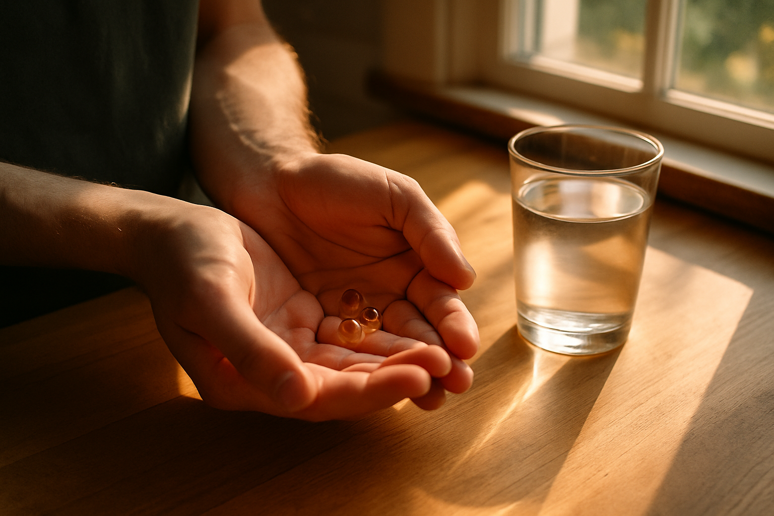 Resveratrol Nahrungsergaenzungsmittel in Form von Kapseln auf einer Holzarbeitsplatte im Morgenlicht