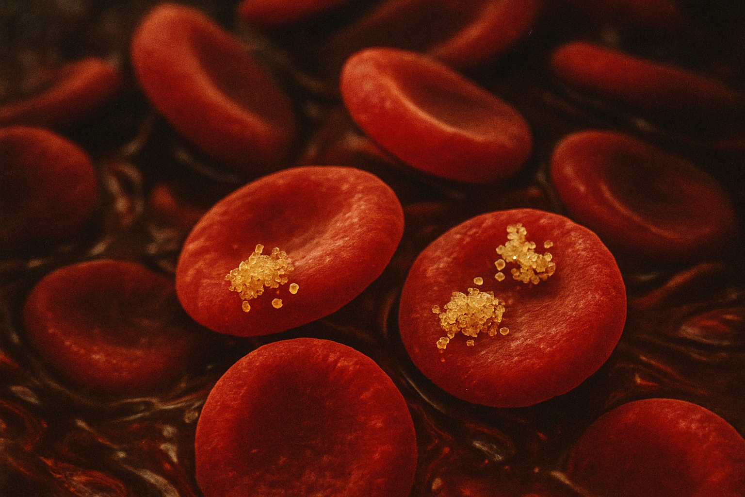 Rote Blutkörperchen, an die sich Glukosemoleküle anheften, als Visualisierung von HbA1c und Glykation