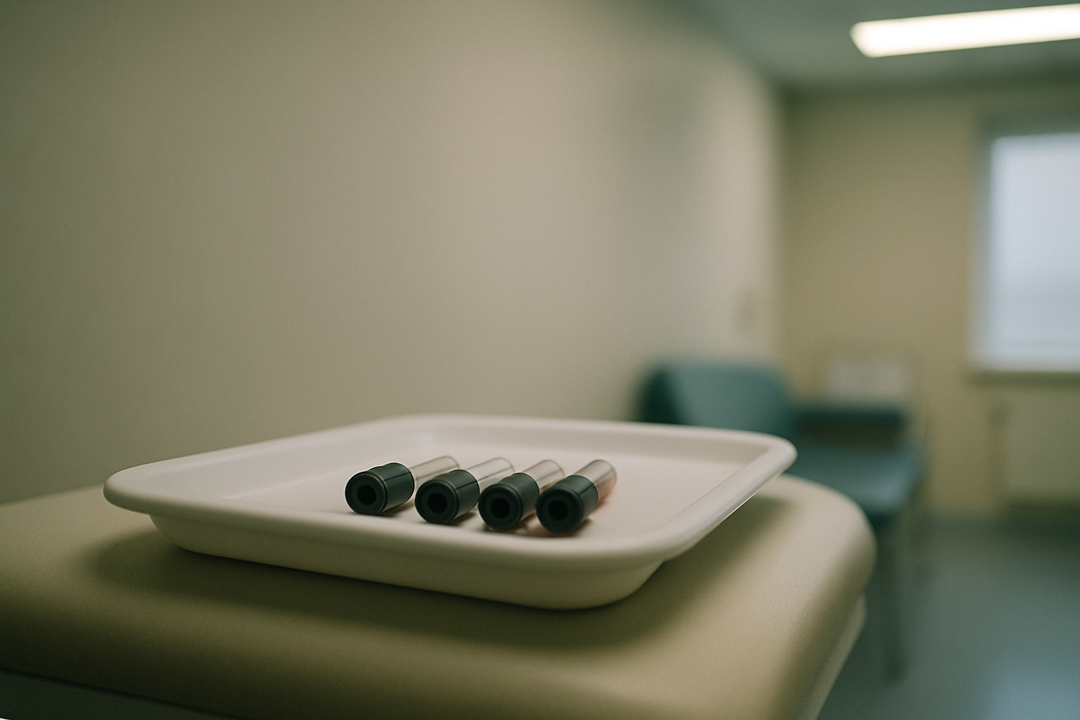 Vier Röhrchen mit Blut auf medizinischem Tablett für den Test des biologischen Alters im Diakonessenhuis Zeist