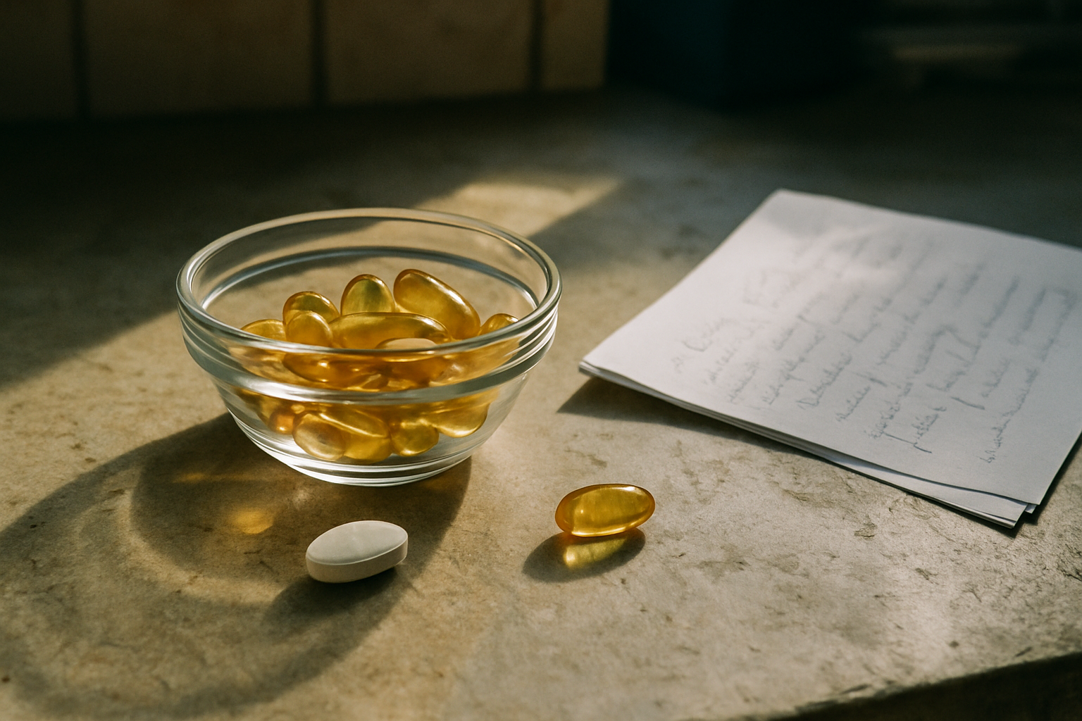 Longevity-Nahrungsergänzungsmittel neben Notizen, Nuancen bei Biohacking und Autoimmunerkrankung